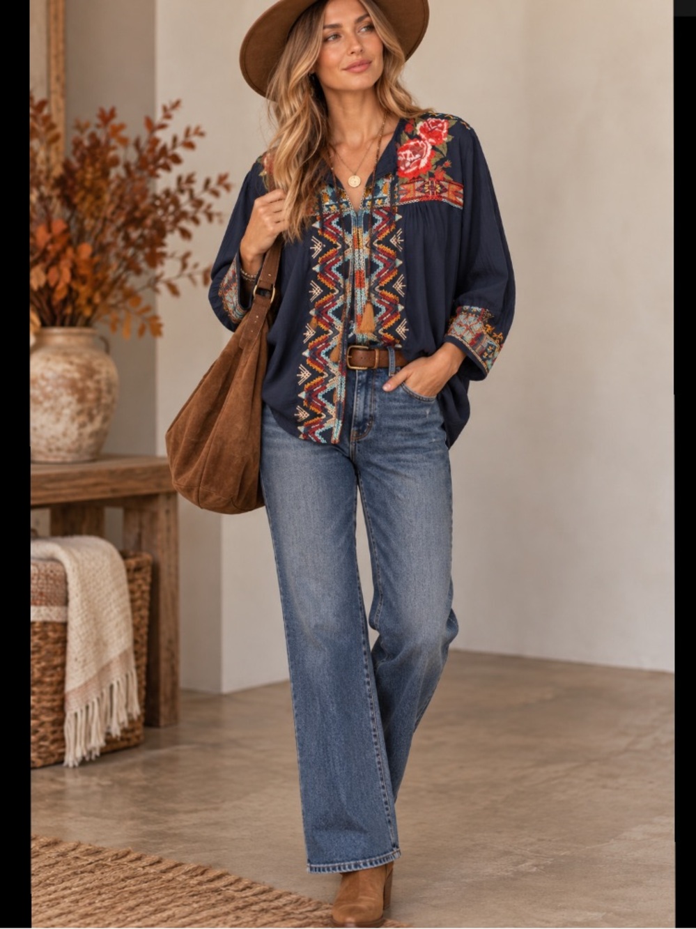 Johnny Was Embroidered Cotton Blouse